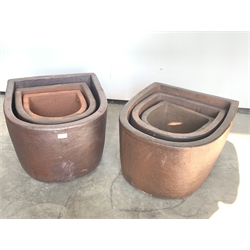 Two sets of three D shaped salt glazed terracotta planters, W51cm  