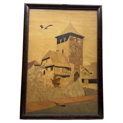 Charles Spindler (French 1865-1938): 'Grussenheim (mirror)' 'In Provence' and 'Dambach', set two framed marquetry pictures and one mirror signed max 51cm x 34cm (3) 