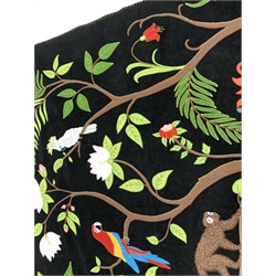 Jan Constantine Tropical Paradise embroidered wool wall hanging on black ground with tabs and tassels, 150cm x 125cm with original tags