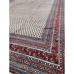 Large Persian Araak red ground carpet, the ivory field decorated with conforming boteh motif, enclosed by multi line border 355cm x 272cm