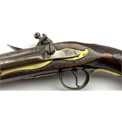 Tower long Sea Service flintlock belt pistol with Board of Ordnance stamps, walnut full stock with brass mounts, steel belt hook and ramrod, the butt stamped '1802'.  Overall length 48cm and barrel length 30cm