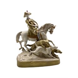 Large Royal Dux porcelain figure of a Huntsman on horseback with three hounds  running alongside, model no. 12227, H49cm x W50cm approx