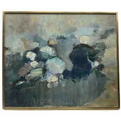 Edward Reginald Kirkness (British 1900-1979): 'Rock Painting', mixed media on canvas signed, inscribed and titled verso 50cm x 60cm