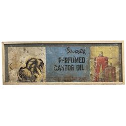 'Swastic - Perfumed Caster Oil For Beautiful Hair', mid 20th century tin Indian advertising sign 59cm x 178cm