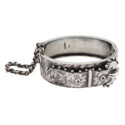 Victorian silver buckle hinged bangle, with bright cut leaf decoration by Robert James Dick, Birmingham 1884