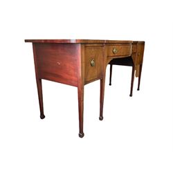 George III mahogany serpentine sideboard, the top with boxwood strung border over one long central drawer, flanked by another drawer and cellarette, fitted with plate brass and drop pull handles, raised on square tapered supports with further boxwood stringing, terminating in peg feet W200cm, H95cm, D77cm