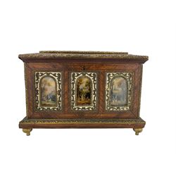 Mid-19th century kingwood casket, by Alphonse Giroux & Co, the hinged cover and sides  inlaid with brass marquetry panels of scrolling foliage on ivory, within moulded gilt brass borders, the front with three arched glazed panels with watercolour inserts depicting figures in a landscape, with silk lined interior, the lock plate signed 'Alph Giroux  À Paris', L22.5cm, H16cm, W13cm. This item has been registered for sale under Section 10 of the APHA Ivory Act