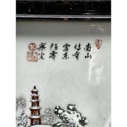 Chinese rectangular porcelain plaque depicting a winter landscape, within an ebonised frame, signed, 29cm x 21cm