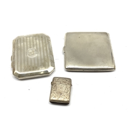 Engine turned silver cigarette case, Birmingham 1933, another engraved with a monogram, and a Victorian silver vesta case 6.1oz