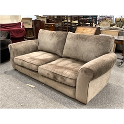 Contemporary three seat sofa, upholstered in brown chenille fabric, with squab cushions, raised on block supports, W230cm, H90cm, D116cm