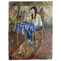 Circle of Ken Howard (British 1932-): Woman Seated at Dining Table, oil on board unsigned 123cm x 91cm (unframed)