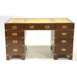 20th century Campaign style mahogany twin pedestal desk,  the top with inset  tooled  leather writing surface over one long and eight short drawers with recessed brass handles, raised on shaped bracket supports, 137cm x 68cm, H78cm