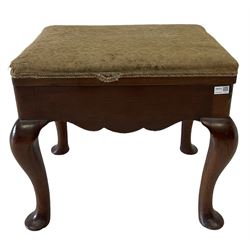 19th century mahogany stool, the hinged and lifting seat raised on cabriole supports 