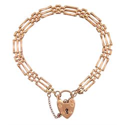 9ct rose gold three bar gate bracelet, with heart locket clasp, hallmarked