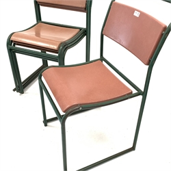  Set four metal framed industrial stacking chairs, labelled 'REL' W45cm   