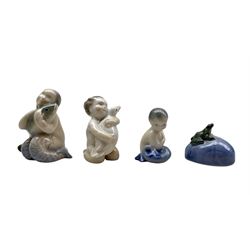 Four Royal Copenhagen porcelain figures comprising a Mermaid holding a Fish no. 2348, Girl holding Duck no. 2332 and Mermaid no. 2313 all designed by Vilhelm Waldorff and Frog on Stone no. 061 designed by Erik Nielsen (4)
