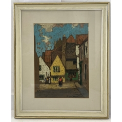  James Wright  (Scottish 1885-1947) Street  scene with figures, pastel, signed and with Gordon's Gallery label verso inscribed 'York' 37cm x 27cm