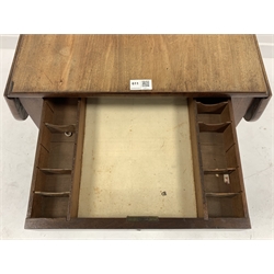 George III mahogany Pembroke sewing table, rounded rectangular drop leaf top above two drawers, the top drawer being fitted, turned and reeded supports with moulded brass cups and castors, 48cm x 36cm, H74cm