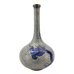 Early 20th century Chinese Cloisonne bottle form vase, decorated in blue and white with a Dragon chasing the flaming pearl, amidst clouds, H24cm