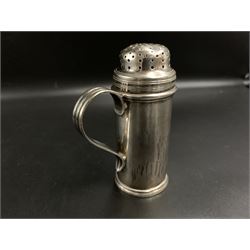 George III silver kitchen pepper of plain cylindrical form engraved with a crest with domed pierced cover and reeded scroll handle H10cm London 1816 3oz 