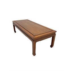 Chinese rosewood coffee table, the rectangular top raised on square supports W125cm, H39cm, D52cm 
