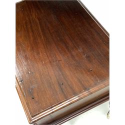 Georgian mahogany fold over tea table, the top with reeded edge over chequered inlaid frieze, raised on square tapered supports (W92cm) together with the base of a Victorian mahogany what-not, fitted with one drawer, raised on bobbin turned supports with brass castors, (W55cm) 