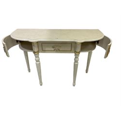 Italian classical style composite marble console table, D-shaped top over single central drawer flanked by two curved cupboards, raised on fluted and turned tapering supports 