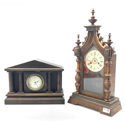 Victorian walnut mantle clock, the case with turned finials and half round pilasters, white applied paper dial with Roman chapter ring, eight day movement striking hammer on coil, with mercury pendulum, the interior with paper label inscribed 't. J.Veale Watch and Clockmakers' (W29cm) together with an early 20th century 'Smiths' architectural mantle clock in an ebonised Palladian style case (W36cm)