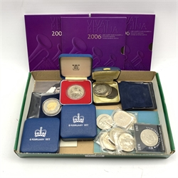 Three Queen Elizabeth II 1977 silver proof crown coins, all cased, Bailiwick of Jersey 2006 silver proof five pound coin, various cupro-nickel commemorative crowns and five pound coins etc