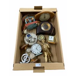 Various vintage clocks including Smiths & Westclox, silver-plated cruet, sand timer and miscellanea in one box