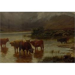 Scottish School (19th century): Highland Cows Watering at Loch, oil on canvas laid on board 43cm x 64cm
