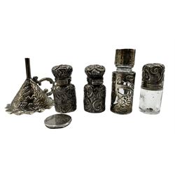 Pair of miniature silver scent flasks, one damaged, two glass and silver flasks and a silver perfume funnel (5)