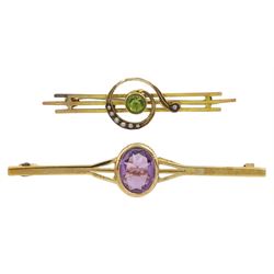 Early 20th century gold peridot and seed pearl brooch, stamped 9ct and a gold amethyst brooch, hallmarked 9ct