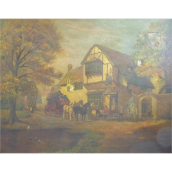  English School (19th century): Coach and Horses outside the 'Stag Inn', oil on canvas unsigned 70cm x 90cm  