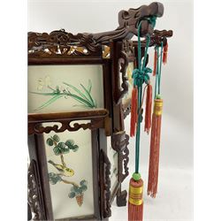 Chinese carved wood dragon palace lantern with rectangular frosted glass panels of bird and flower design and red fringe tassels h41cm