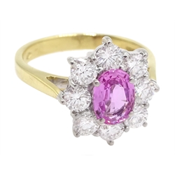 18ct gold pink sapphire and diamond cluster ring, hallmarked, sapphire approx 0.90 carat, total diamond weight approx 1.00 carat