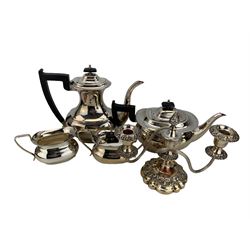 Silver-plated tea set and candelabra in one box