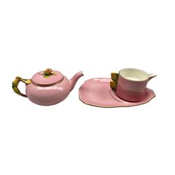 1950's Royal Winton pink ground breakfast set for one, having moulded floral handles and the teapot with flower knop handle