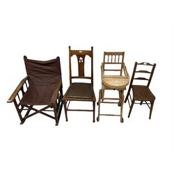 Early to mid 20th century beech framed campaign rocking chair, with slung leatherette seat and back, child's metamorphic highchair, child's chair with elm seat and a side chair with pierced decoration (4)