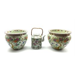 Pair of 20th Century Chinese jardinieres decorated with flowering shrubs and with seal mark to base D20cm and a Chinese cylindrical teapot