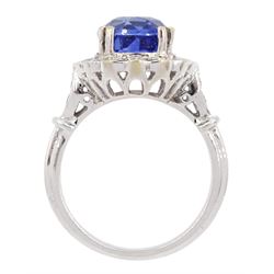 18ct white gold oval cut sapphire and round brilliant cut diamond cluster ring, sapphire approx 3.05 carat