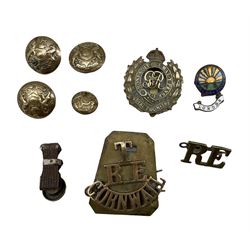 Cornwall Territorial Royal Engineers shoulder title, two Royal Engineers cap badges, four military buttons, BBC Radio Circle London Badge etc