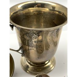 Silver christening mug with loop handle H8cm Birmingham 1966, silver trumpet shape vase, pair of plated toddy ladles with twisted whale bone handles and a few pieces of 800 and sterling silver cutlery