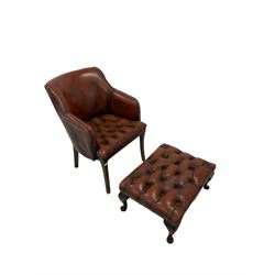 Faux leather tub chair, raised on square supports, together with a footstool of similar design, raised on cabriole supports 