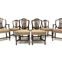Set eight (6+2) early 20th century mahogany dining chairs, shield back with fretwork splats, carved with wheatsheaf and husks, upholstered seats, square tapering supports with spade feet
