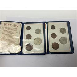 Charles II 1677 silver crown, The Royal Mint 1977 coin set in card folder, Concorde commemorative medallion, various old round one pound coins, pre-decimal coinage etc
 
