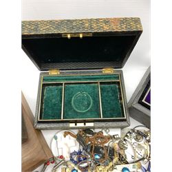 Three 19th century leather bound jewellery boxes, including a ring box with fitted green velvet interior, the two other with fitted interiors and lift our trays, a Victorian cutlery box, together with costume jewellery including a Bill Skinner Hare necklace, silver bangle stamped 925, two gold plated bracelets, ladies wristwatches etc 