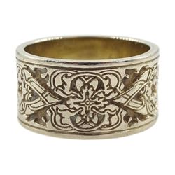 White gold wide wedding band with engraved decoration, the inside engraved 'et nos cedamus - RDM' stamped 14K