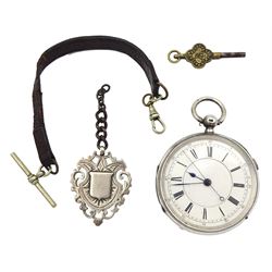 Victorian silver key wound chronograph pocket watch No. 47619, white enamel dial with Roman numerals, case by William Thomas Bullock, London 1889, with silver Victorian fob hallmarked