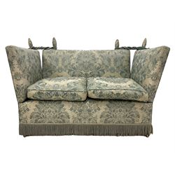 Feather filled knole-style sofa, upholstered in floral blue fabric with drop sides and two squab cushions 